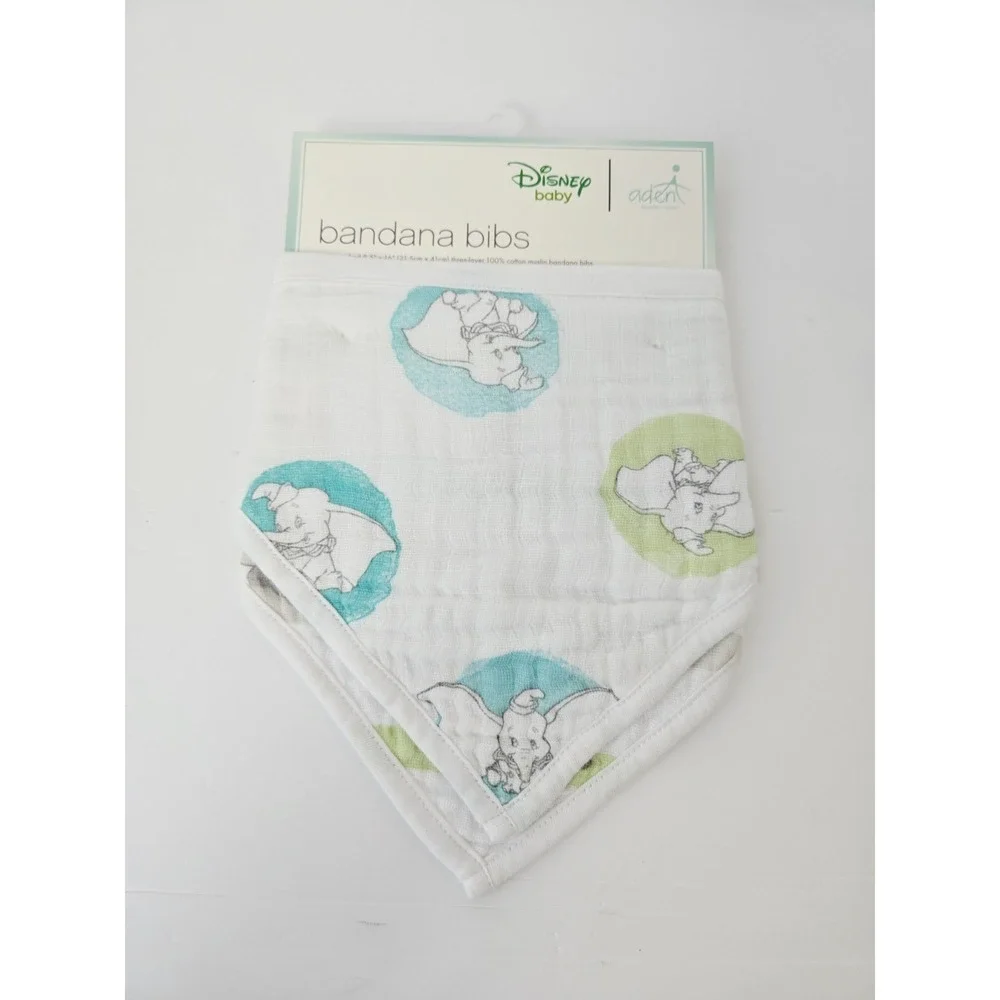 NWT Aden + And Anais Disney Baby Dumbo Elephant‎ 2 PK Cotton Muslin Snap Bibs